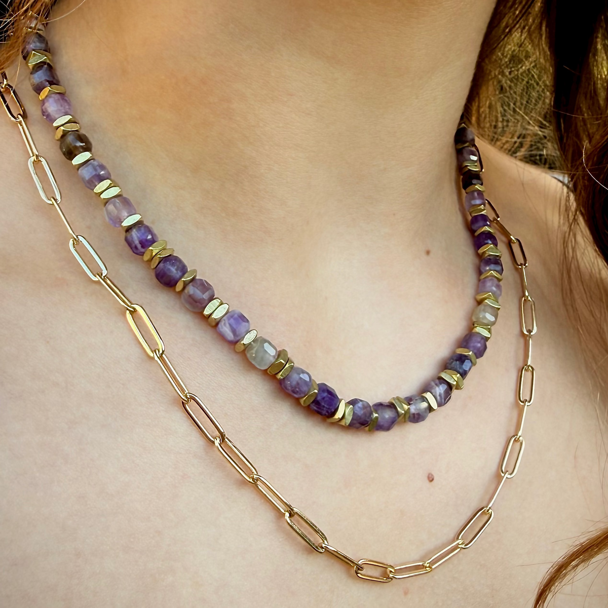 Natural purple 5mm cube amethyst necklace for women with satin-finish gold square accent beads, perfect for layering with gold chains.