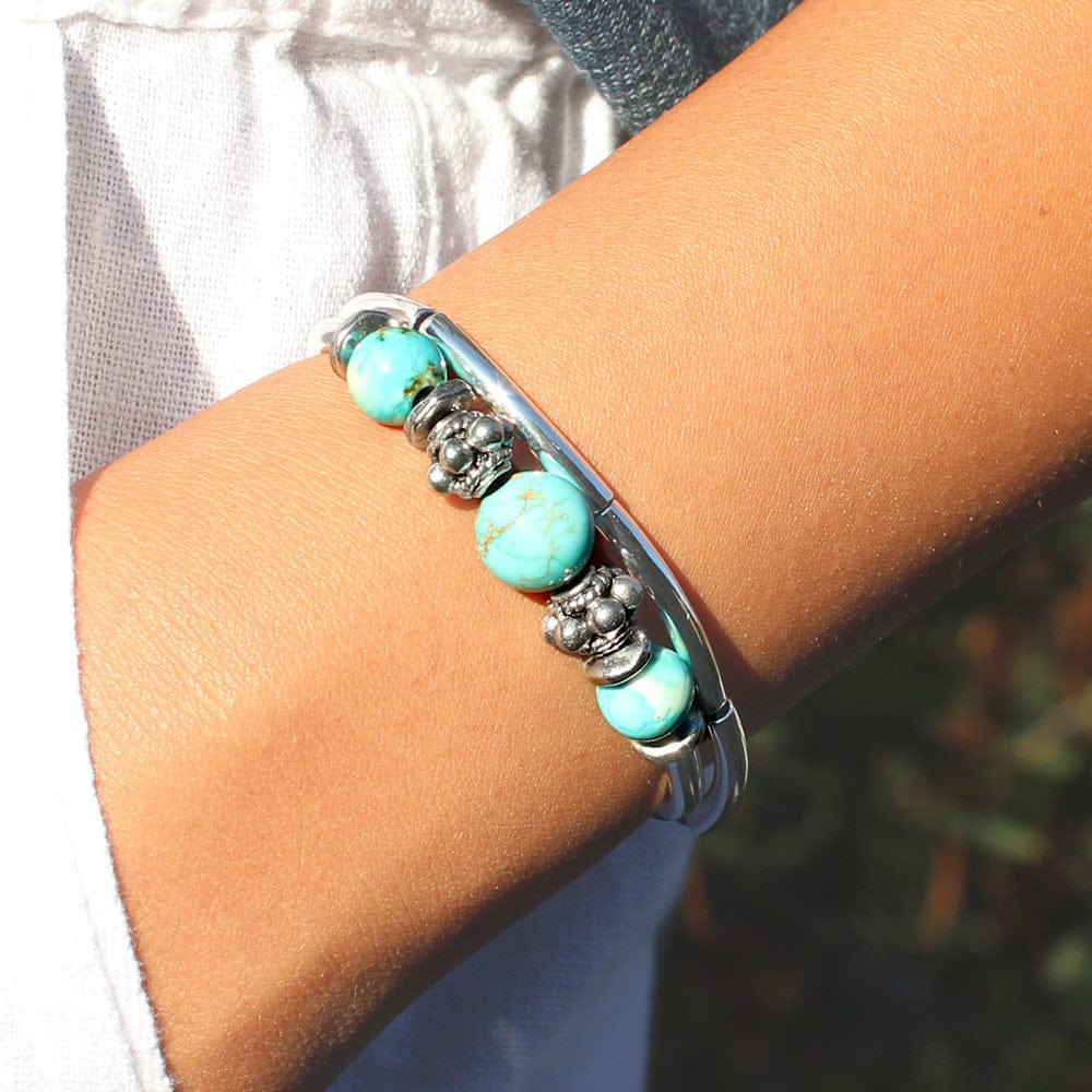 Basil Silver &amp; Leather Adjustable Bracelet with Semi Precious Turquoise