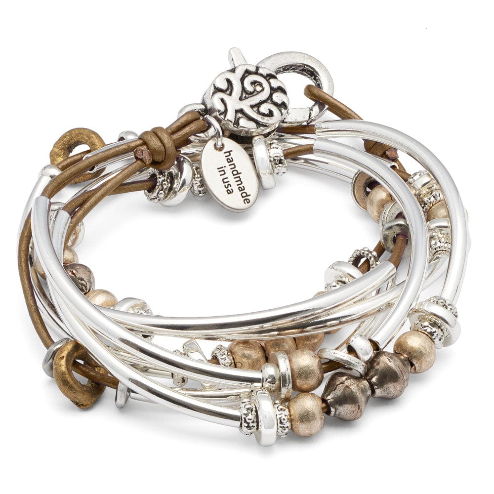 Bella Metallic Bronze Leather Wrap Bracelet with Silver &amp; Mixed Metal Beads