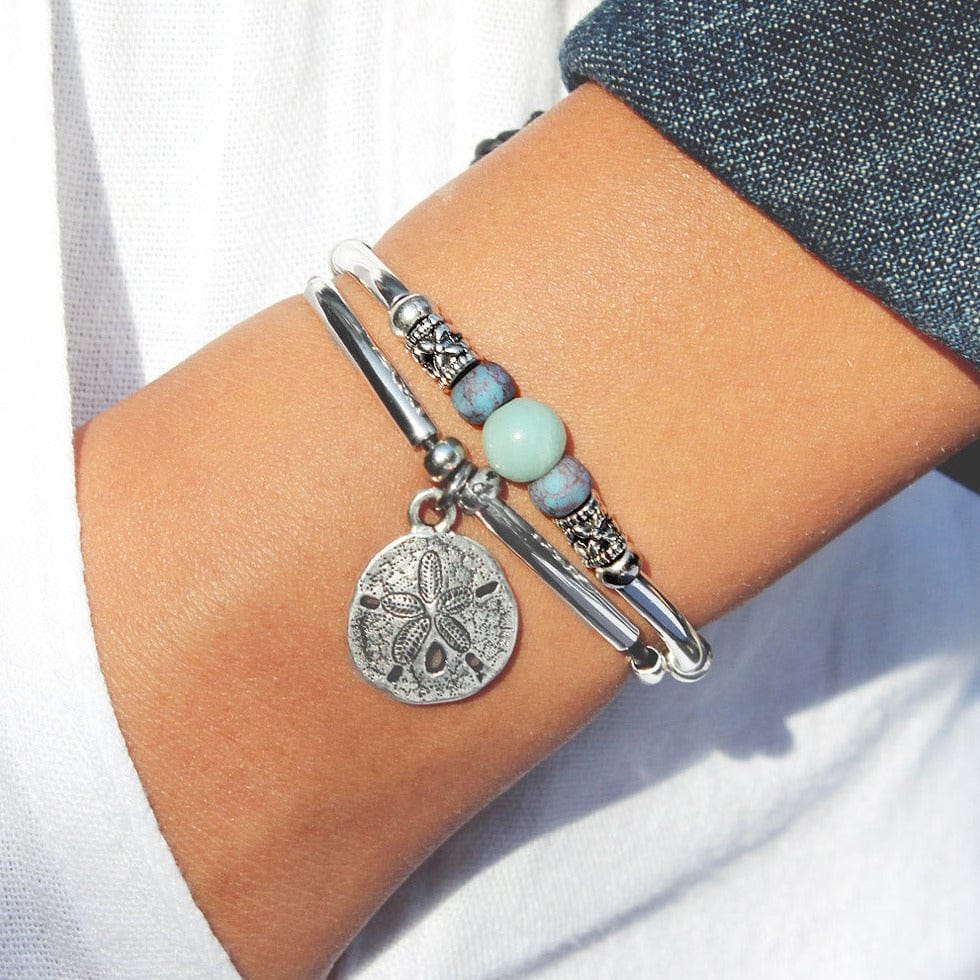 Bindi silver bracelet with amazonite silver sand dollar charm square
