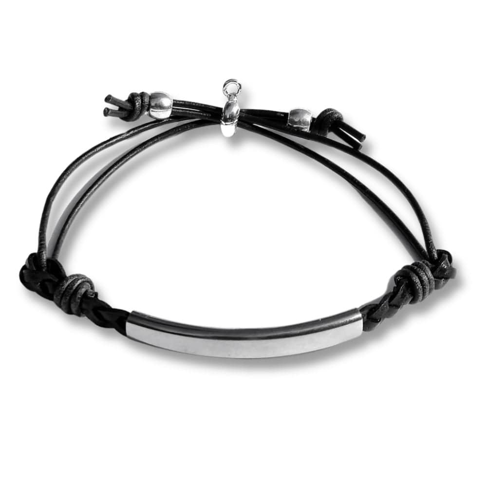 Gina Adjustable Black Leather Bracelet with Stainless Steel Crescent