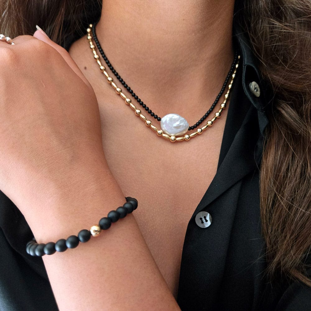 Black Onyx Necklace with Freshwater Pearl, Layered with 14k Gold-Filled Beads, and Onyx Bracelet with Gold Bead