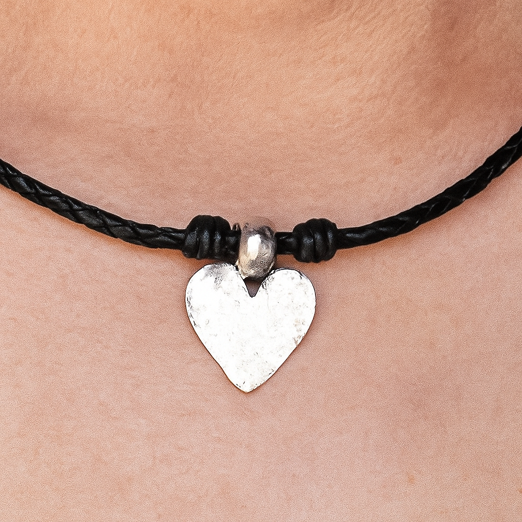 Eternal Braided Black Leather Necklace with Hammered Silver Heart