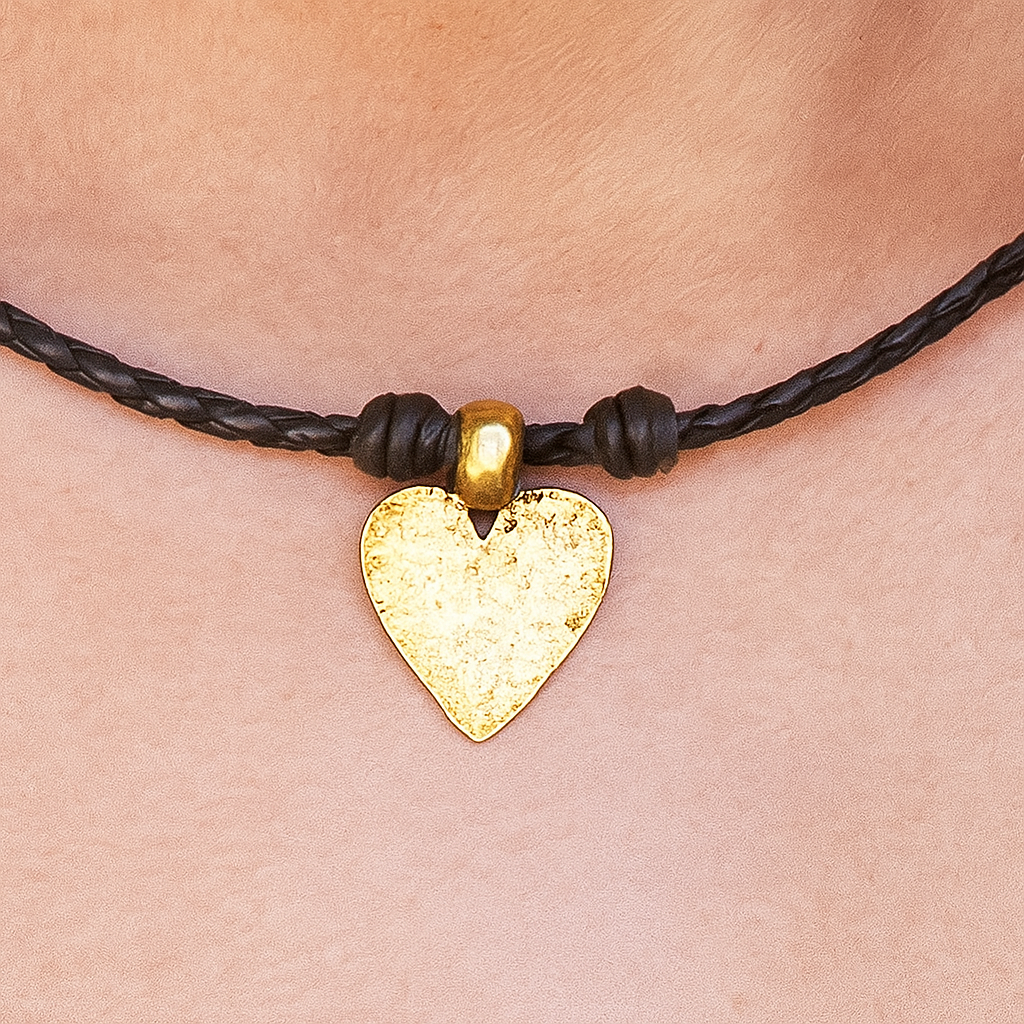 Eternal Braided Black Leather Necklace with Hammered Gold Heart