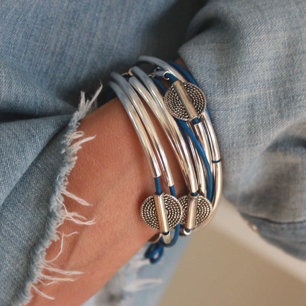 Lizzy Disc 3-Strand convertible leather wrap bracelet and necklace with silver-plated beads and crescents