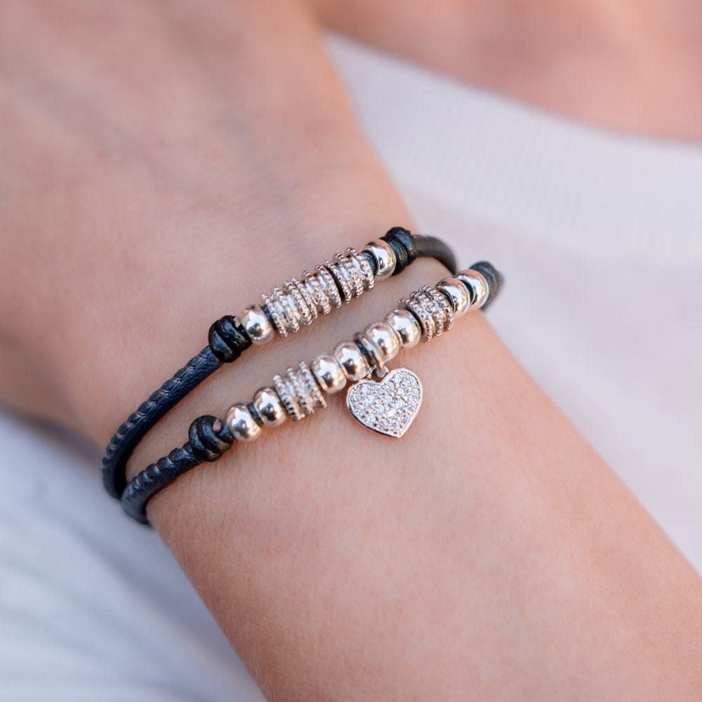 Charlotte black leather and silver bracelet with heart charm