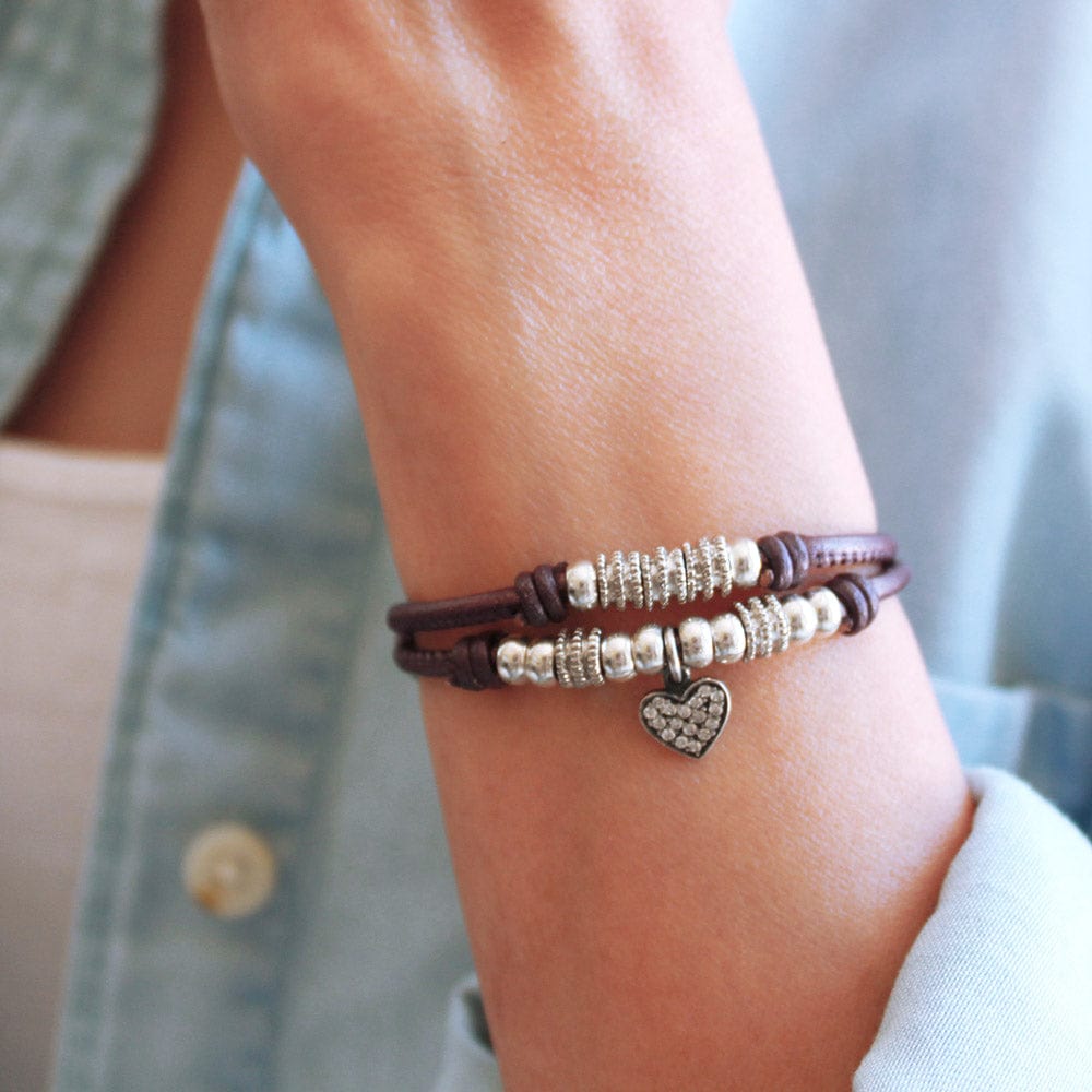 Charlotte Purple Leather Bracelet with Sterling Silver Heart Charm Bracelet