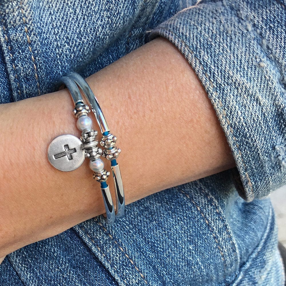 Charming Blue Leather Wrap Bracelet with Pearls &amp; Silver Crescents shown with cross circle charm