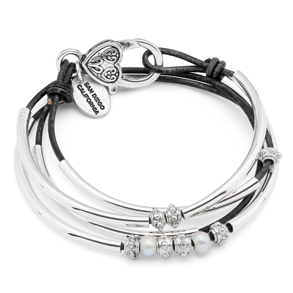 Charming Black Leather Wrap Bracelet with Pearls &amp; Silver Crescents