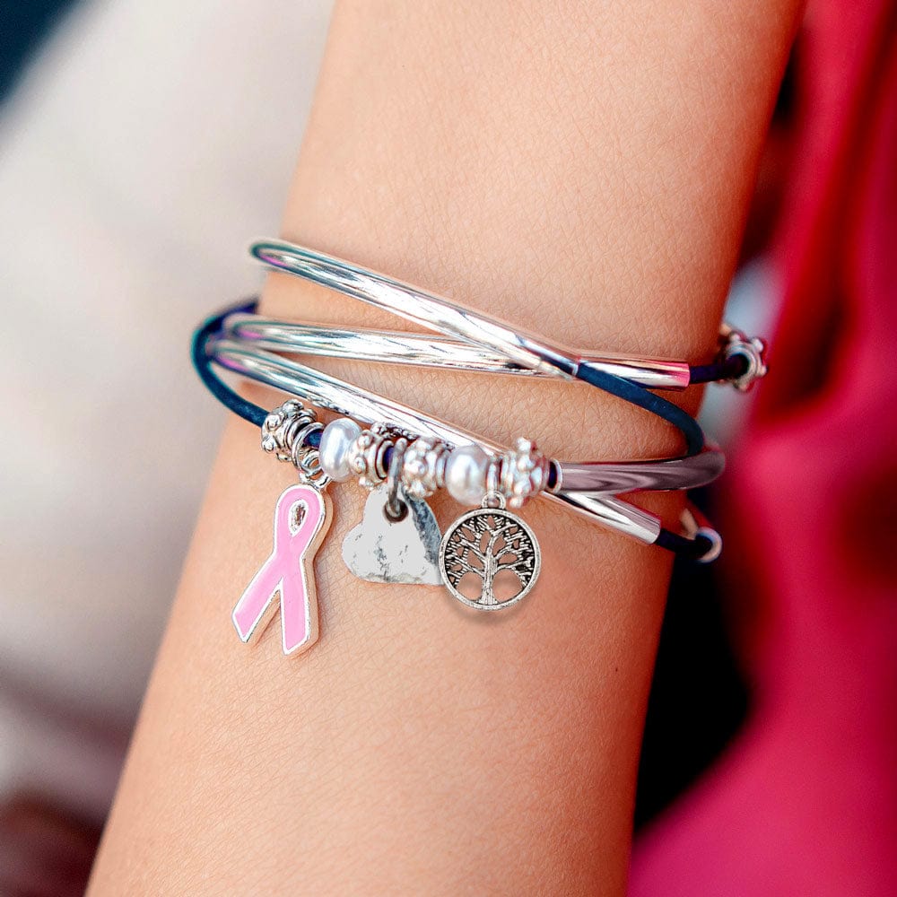 Charming Blue Leather Wrap Bracelet with Pearls &amp; Silver Crescents shown with a variety of charms