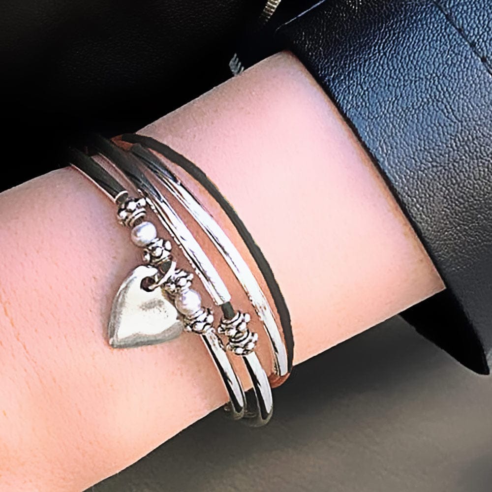 Charming Black Leather Wrap Bracelet with Pearls &amp; Silver Crescents shown with the hammered heart silver charm