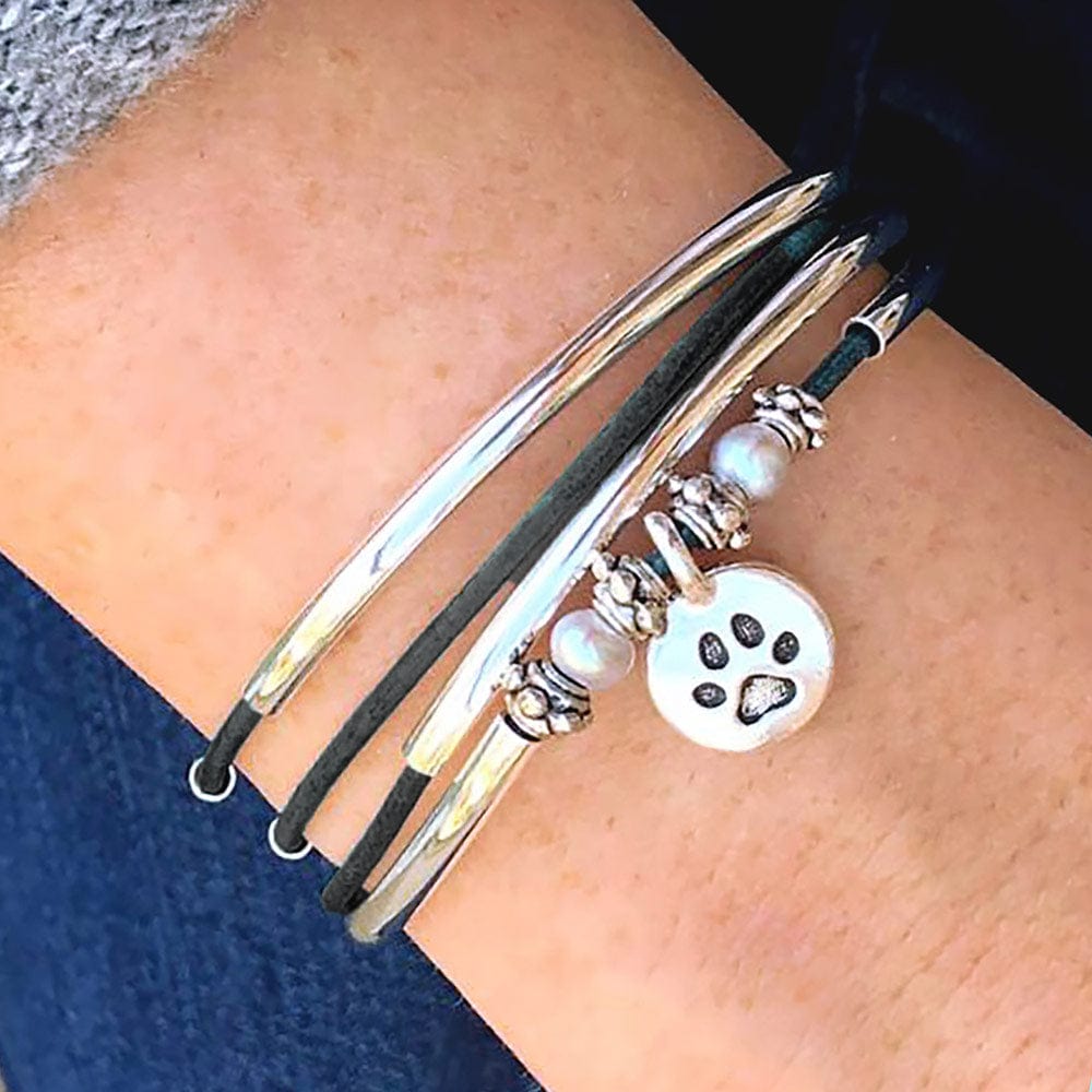 Charming Black Leather Wrap Bracelet with Pearls &amp; Silver Crescents shown with the silver round paw print charm