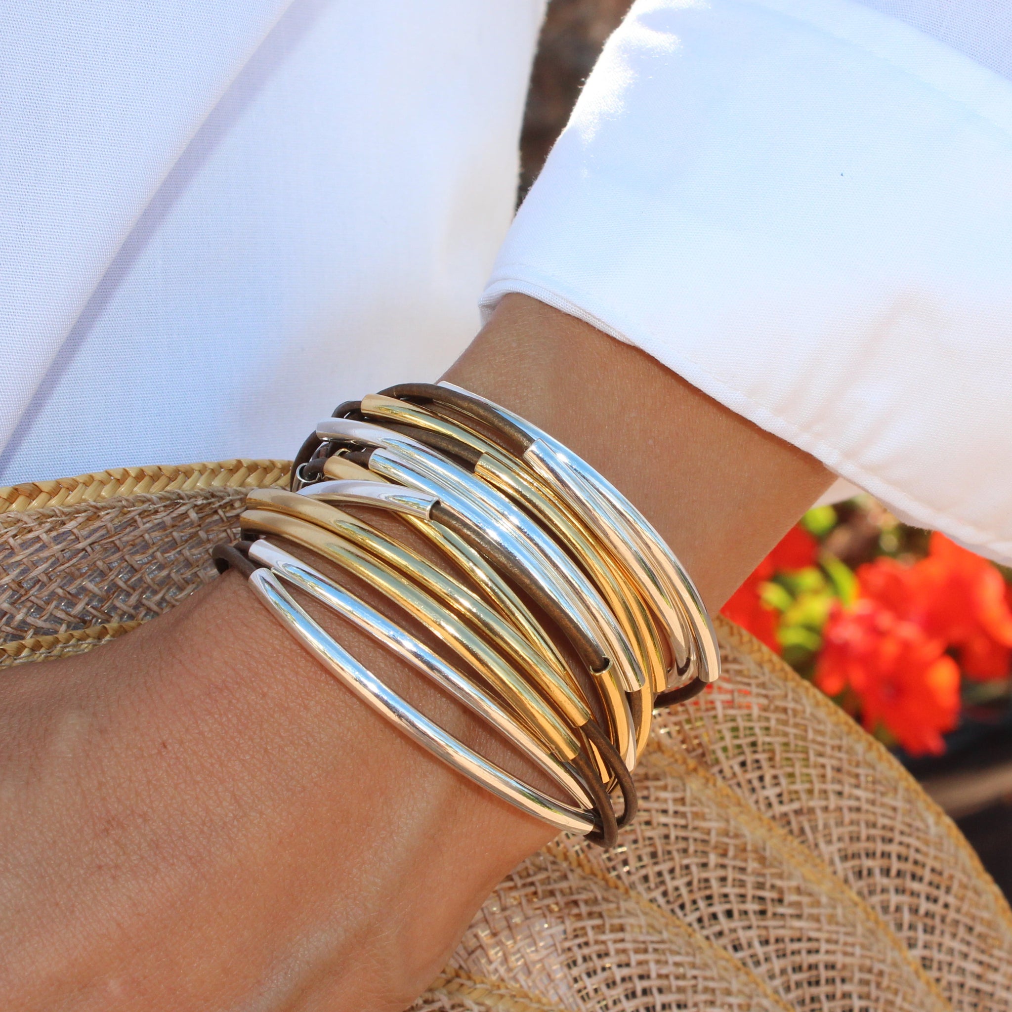 Wrap Bracelet in Silver & Gold Crescents & Metallic Bronze Leather