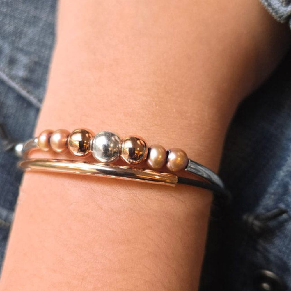 Clau Adjustable Black Leather Bracelet w Rose Gold & Silver Plated Crescents & Nutmeg Pearls