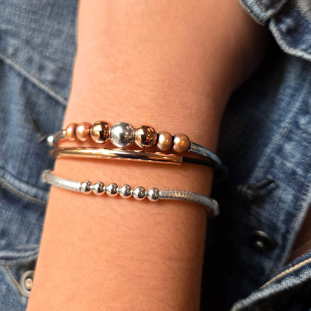 Clau Adjustable Black Leather Bracelet w Rose Gold & Silver Plated Crescents & Nutmeg Pearls