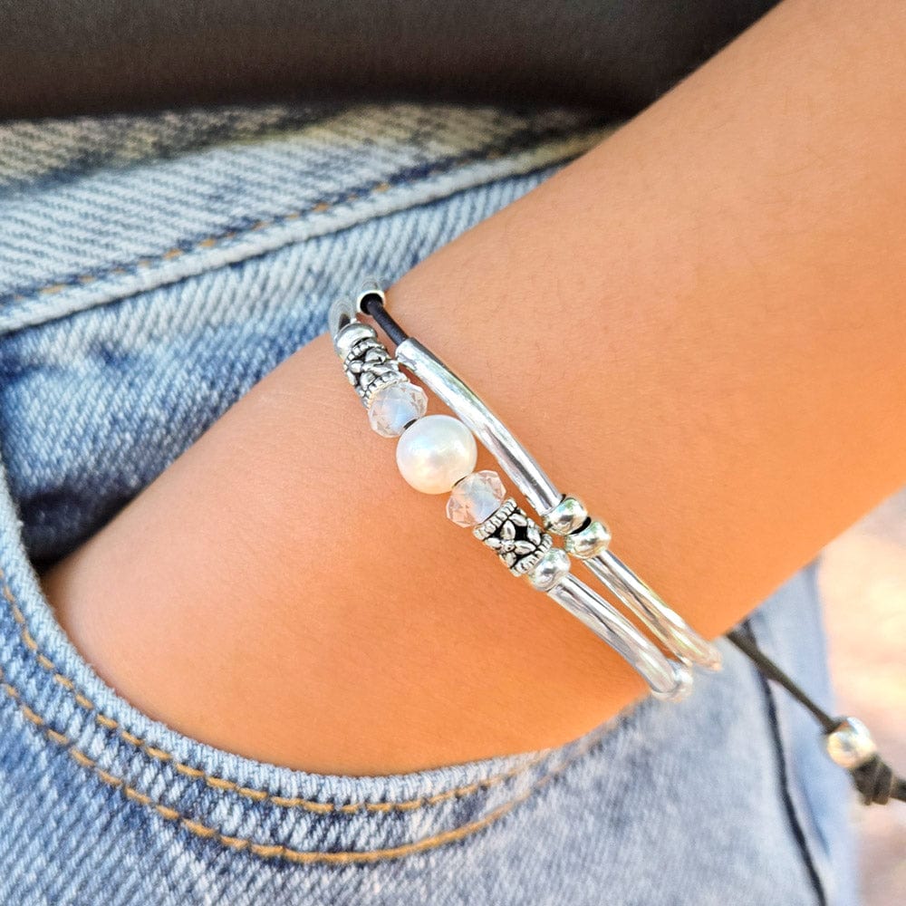 Crystal Water Adjustable Silver & Leather Bracelet with Pearl & Moonstones Lizzy James