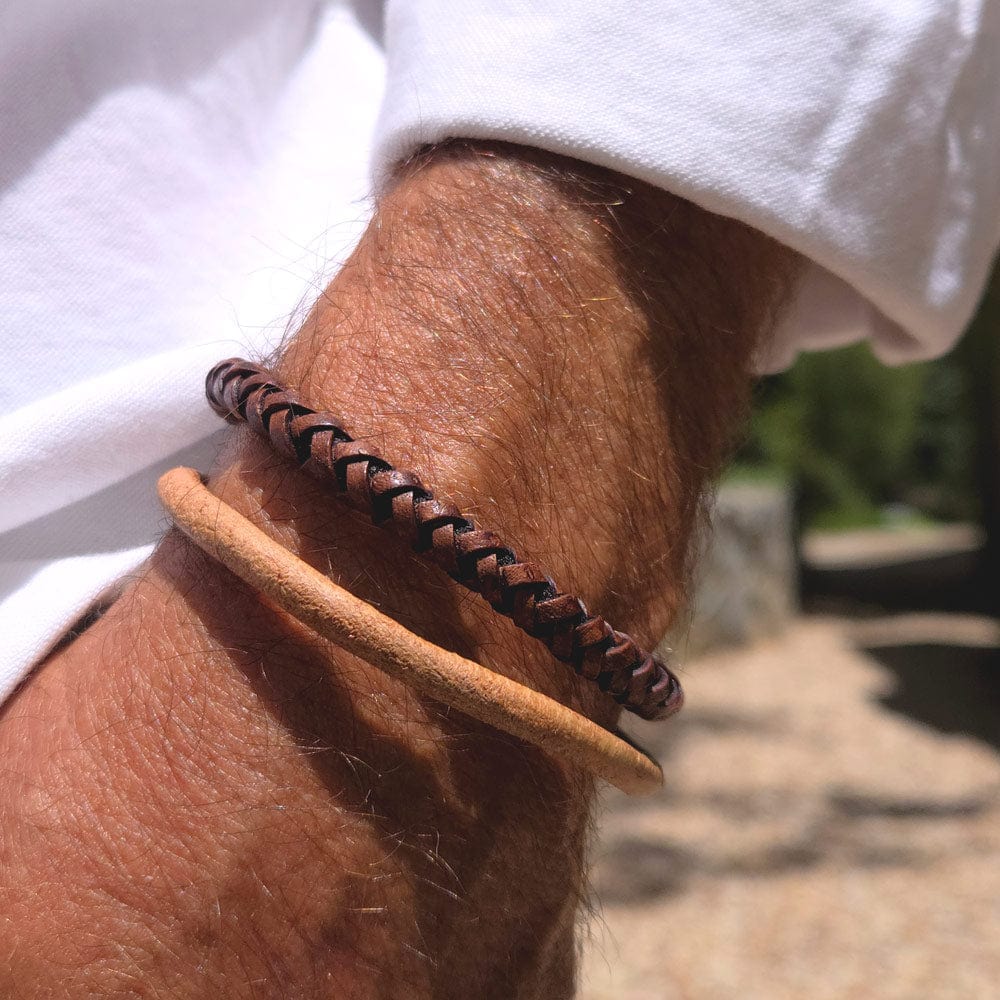 devon tan leather men&#39;s bracelet with brown braided leather bracelet