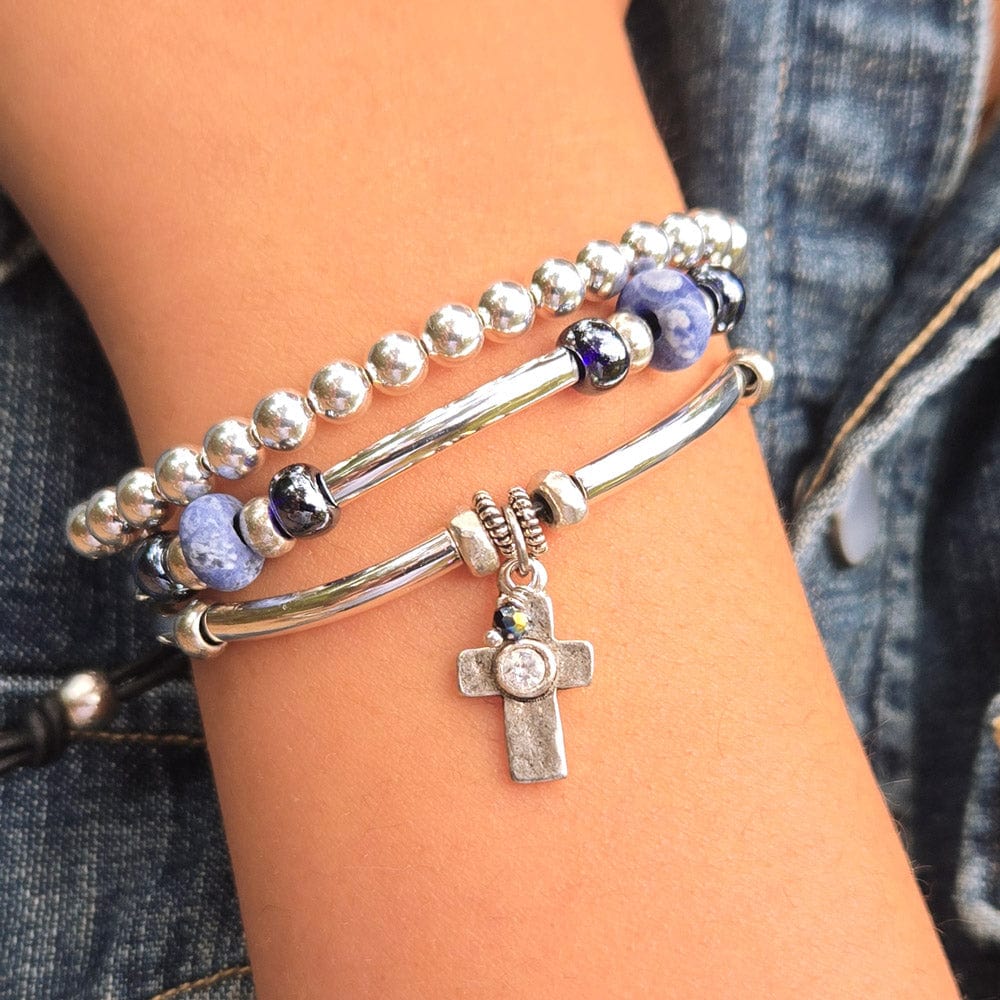 Ebba w Sodalite Adjustable Bracelet with Silver Crystal Cross Charm