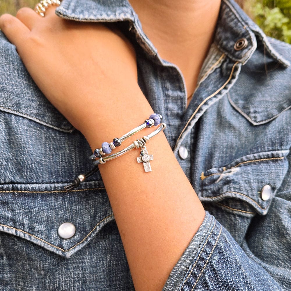 Ebba Silver and Leather Adjustable Bracelet with Silver Crystal Cross Charm