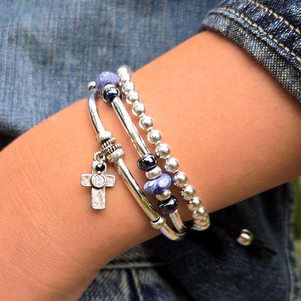 Ebba Silver and Leather Adjustable Bracelet with Silver Crystal Cross Charm