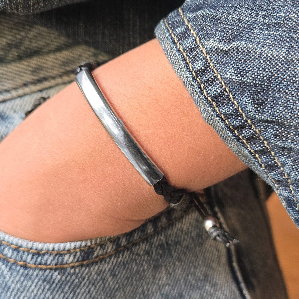 Gina Adjustable Black Leather Bracelet with Stainless Steel Crescent
