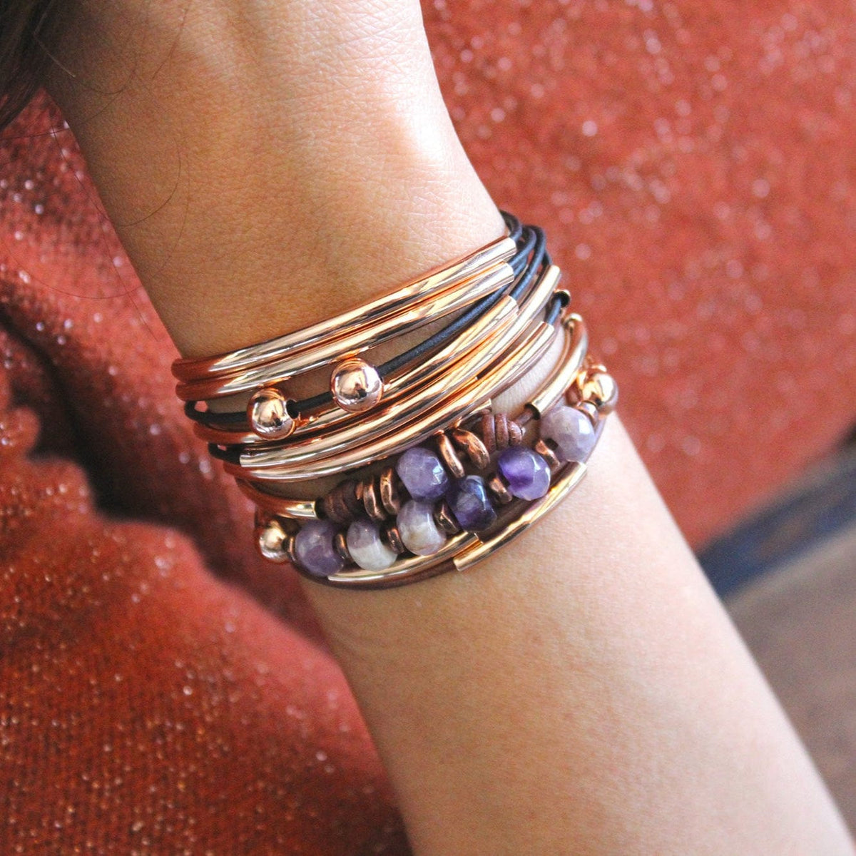 Rose Gold Girlfriend Natural Purple Leather Wrap Bracelet