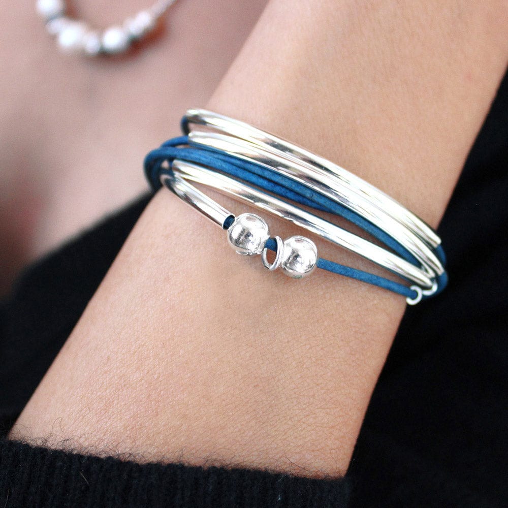 Lizzy James Girlfriend Blue Leather Wrap Bracelet with Silver Crescents