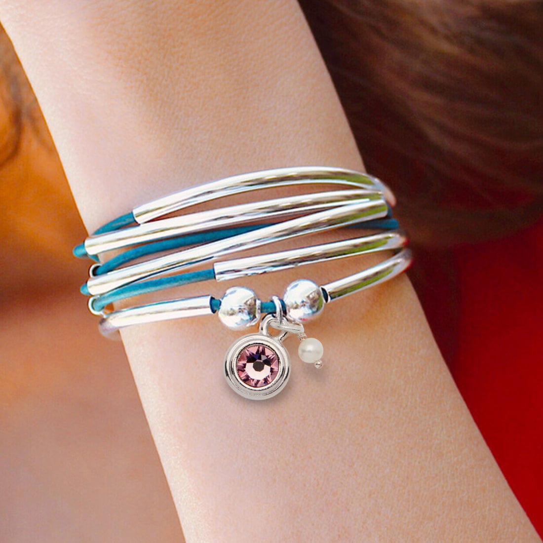 Girlfriend wrap bracelet with pink crystal charm and pearl
