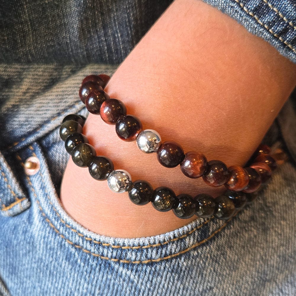 Golden Obsidian Beaded Stretch Bracelet w Sterling Silver Bead next to the Tiger&#39;s Eye bracelet w Sterling bead