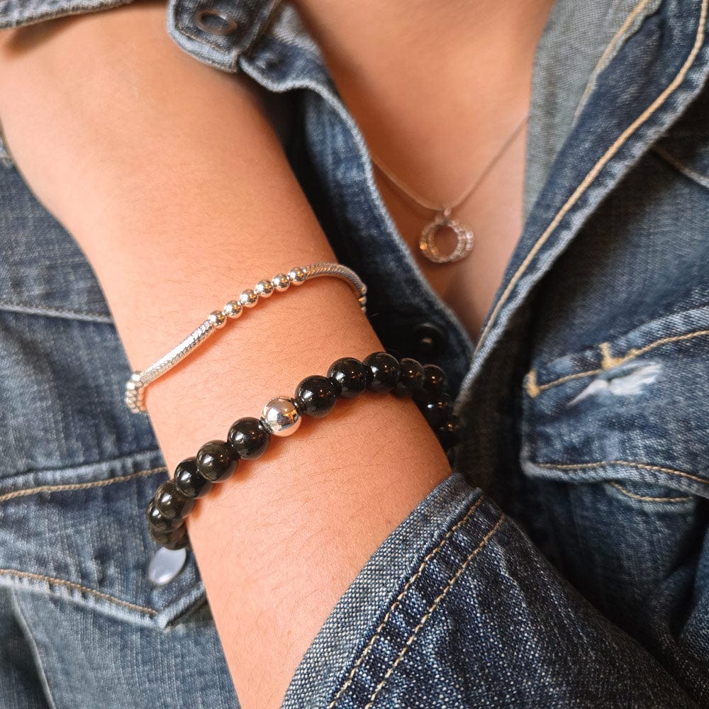 Golden Obsidian Beaded Stretch Bracelet w Sterling Silver Bead shown with the Sterling silver Lim bracelet