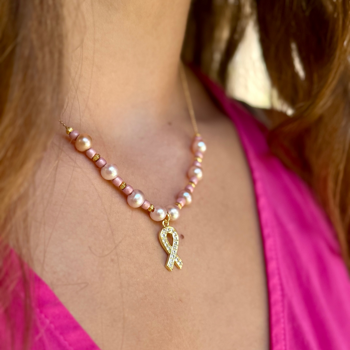 Grace Necklace with Gold Chain, Pink Pearls &amp; Awareness Charm