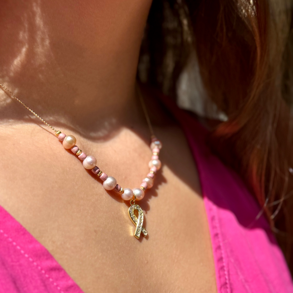 Grace Necklace with Gold Chain, Pink Pearls &amp; Awareness Charm