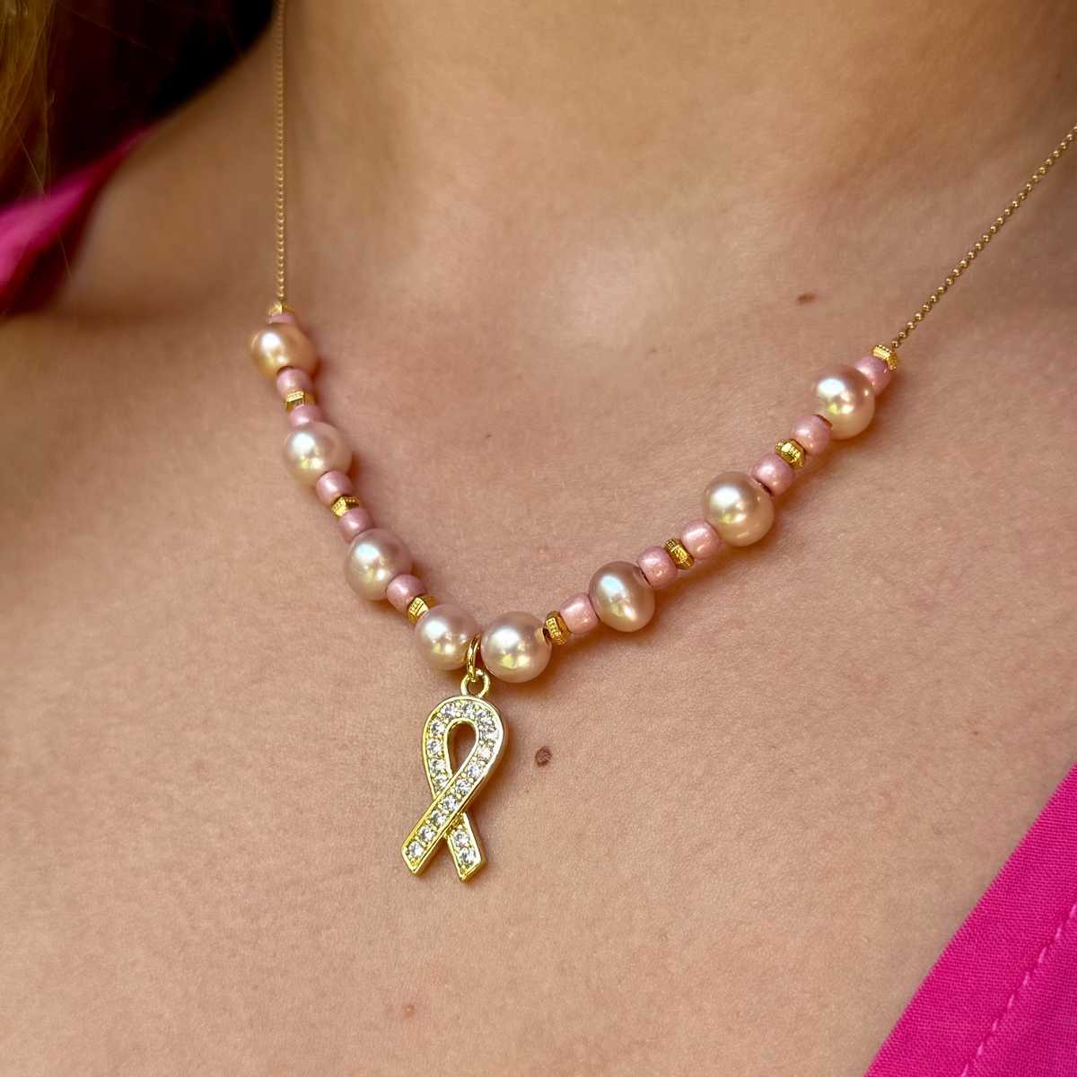 Grace Necklace with Gold Chain, Pink Pearls &amp; Awareness Charm