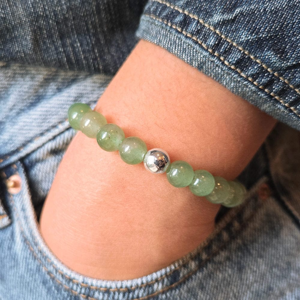 Green Aventurine Beaded Stretch Bracelet w Sterling Silver Bead