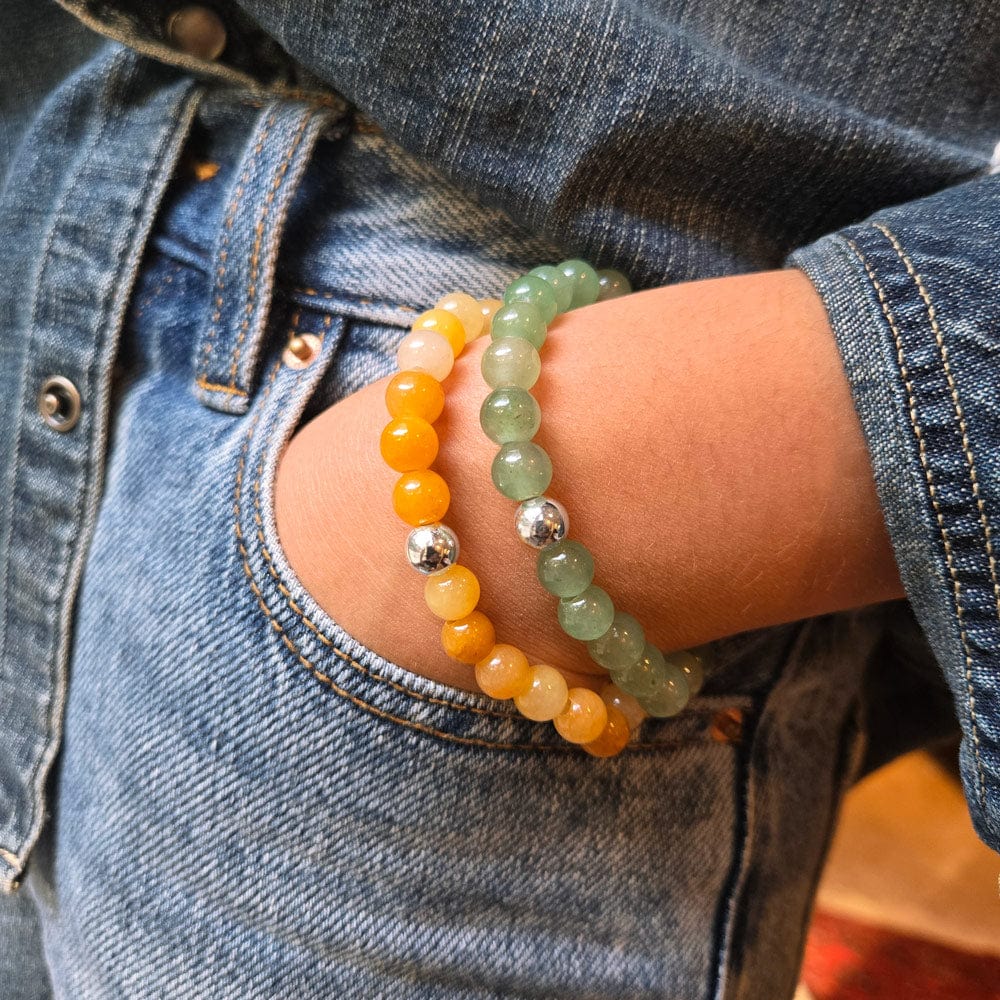 Yellow Jade Beaded Stretch Bracelet w Sterling Silver Bead shown with the Green Aventurine bracelet w Sterling bead