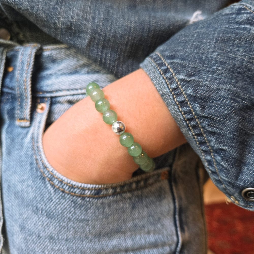 Green Aventurine Beaded Stretch Bracelet w Sterling Silver Bead