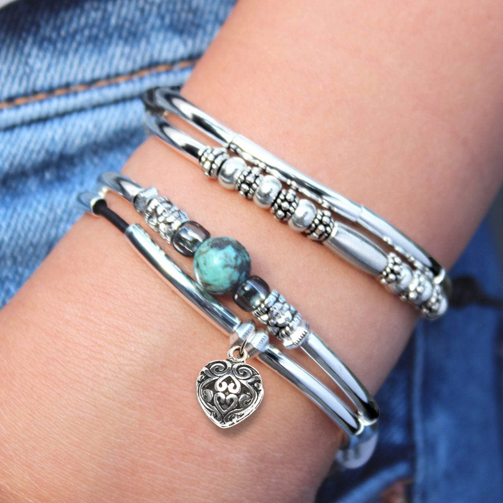 Hilda Silver Adjustable Bracelet with Puffed Heart Charm and Bijou Silver Bracelet