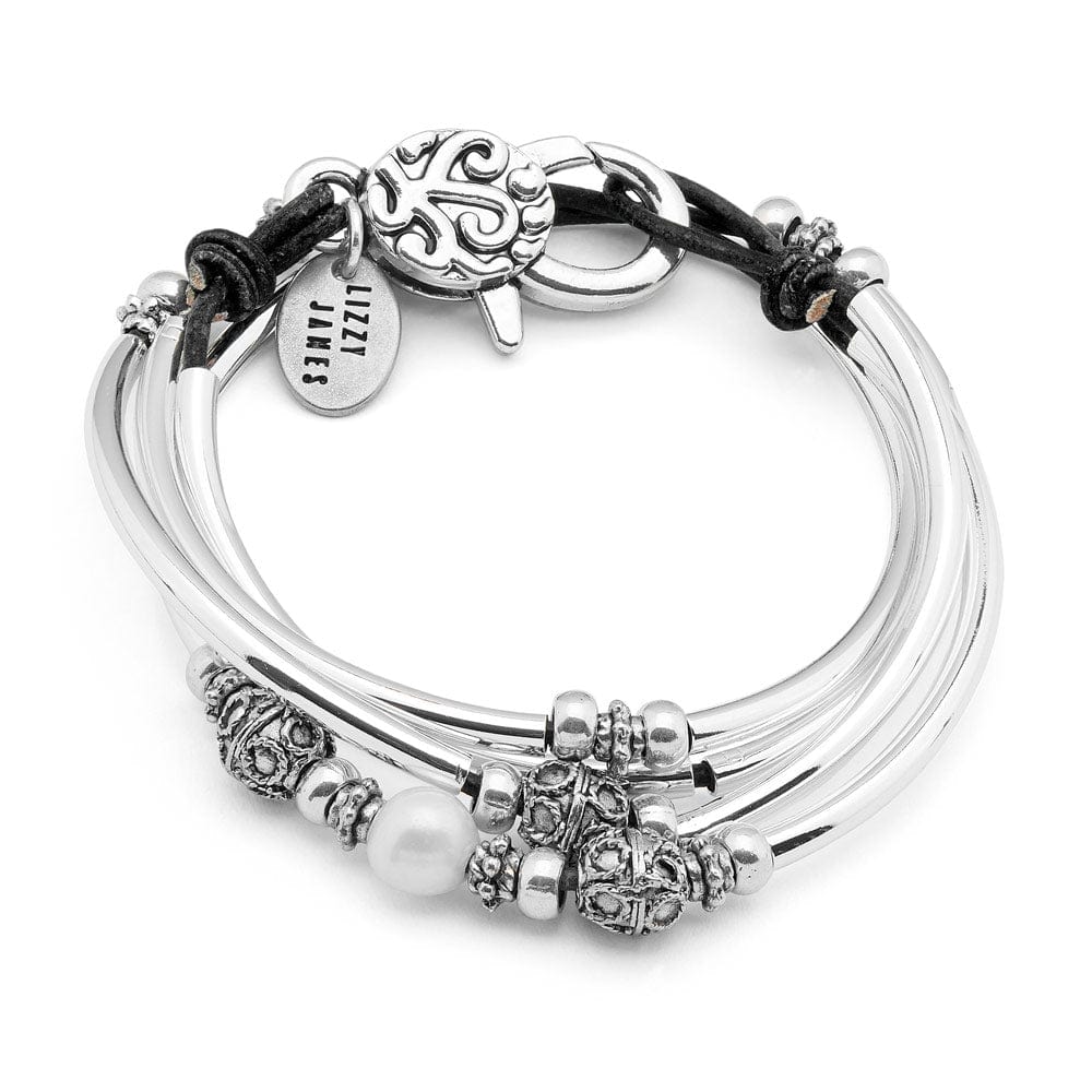 Holly Natural Black Leather Wrap Bracelet with Pearls