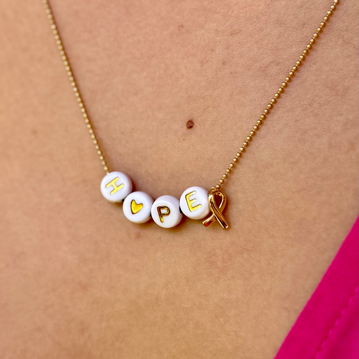 Hope Necklace with Gold Chain, White HOPE Beads &amp; Awareness Charm