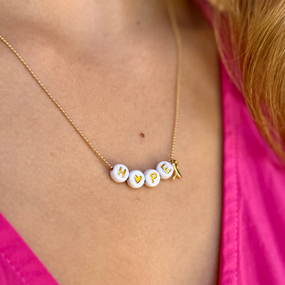 Hope Necklace with Gold Chain, White HOPE Beads &amp; Awareness Charm