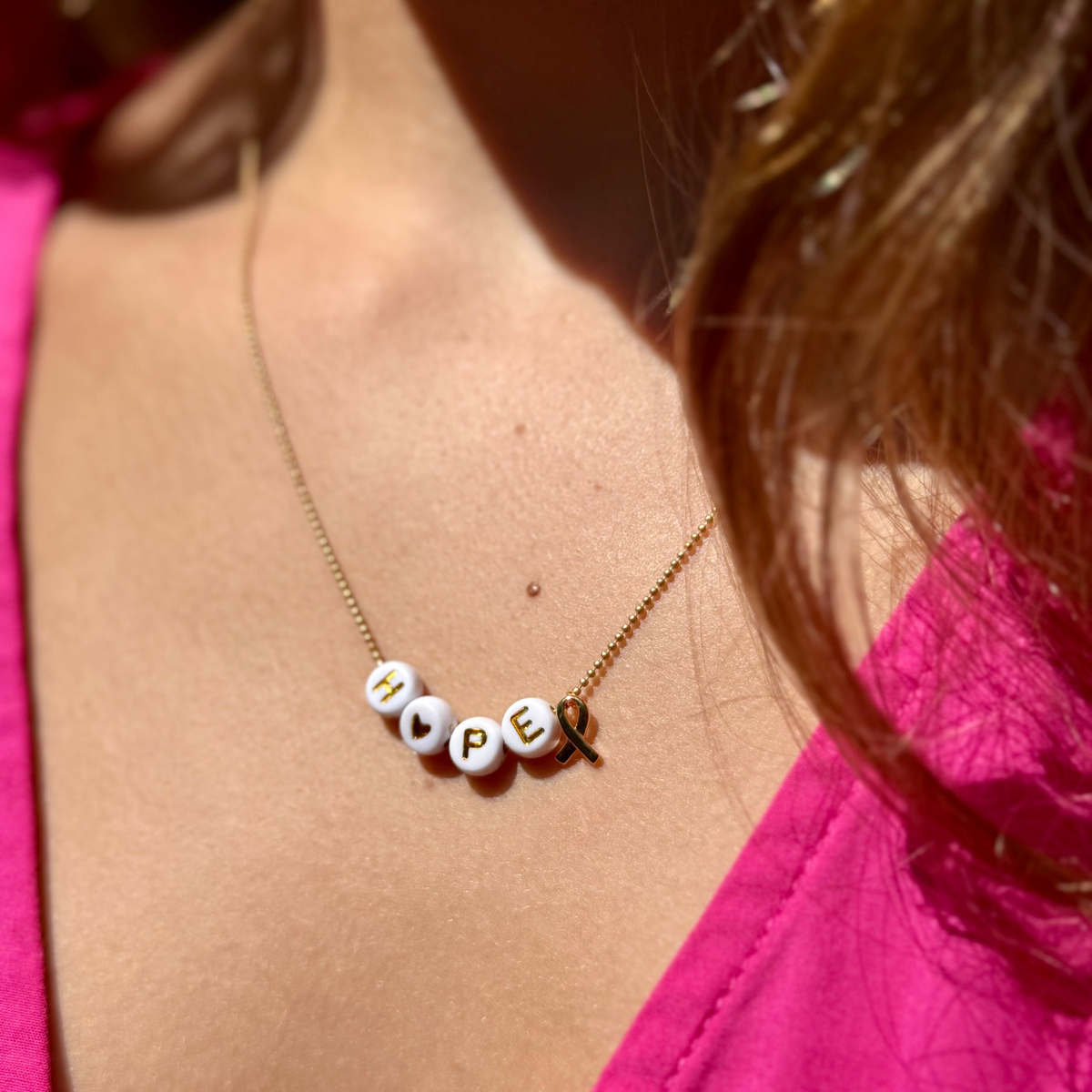 Hope Necklace with Gold Chain, White HOPE Beads &amp; Awareness Charm