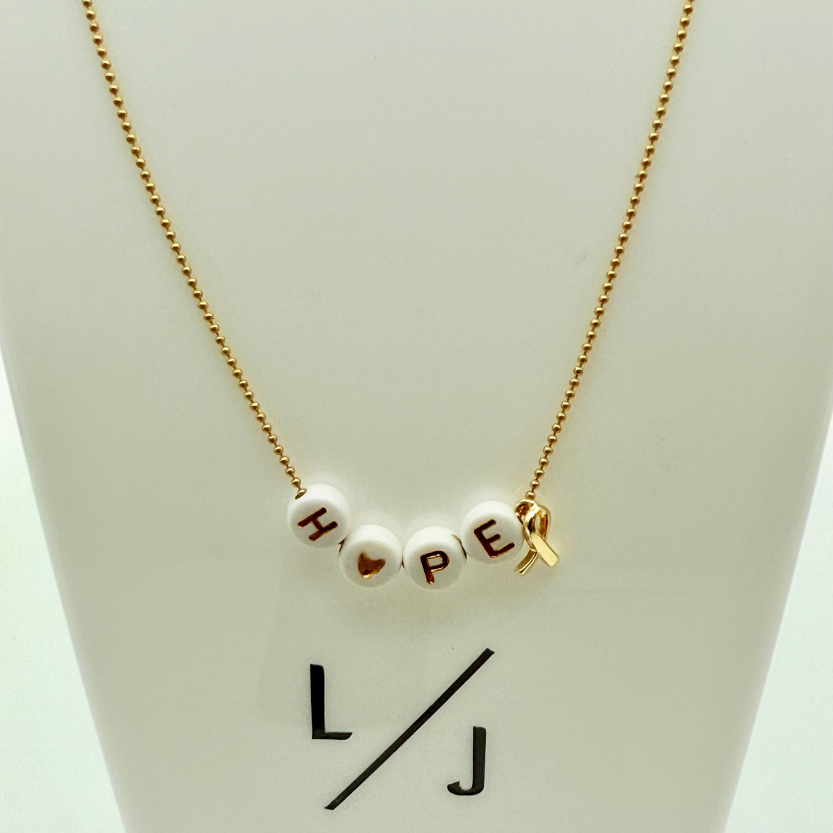 Hope Necklace with Gold Chain, White HOPE Beads &amp; Awareness Charm