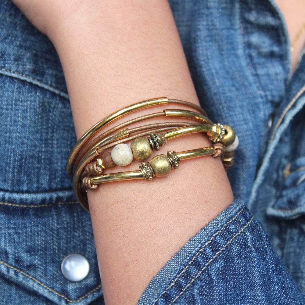 Italy Gold and metallic bronze leather wrap bracelet with Semi Precious Jasper