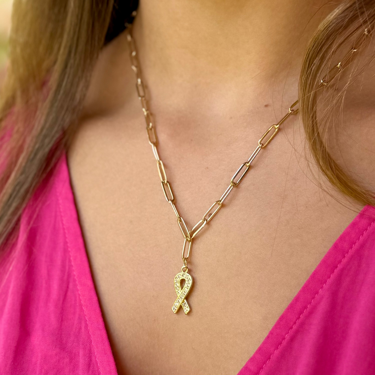 Legacy Necklace with Gold Paperclip Chain &amp; CZ Awareness Charm