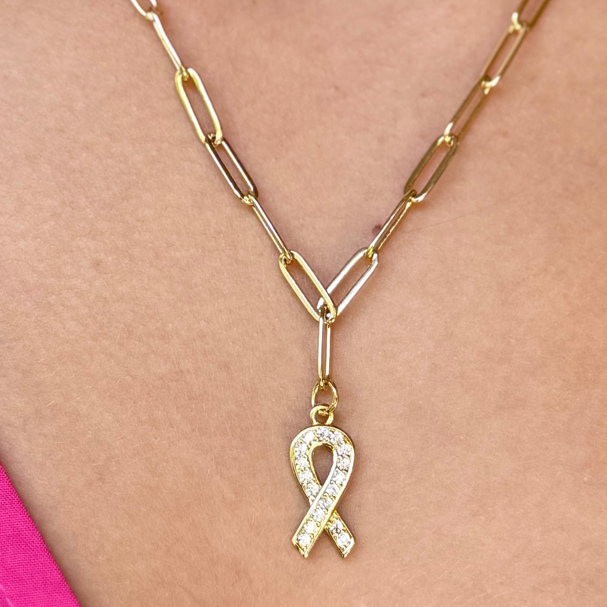 Legacy Necklace with Gold Paperclip Chain &amp; CZ Awareness Charm