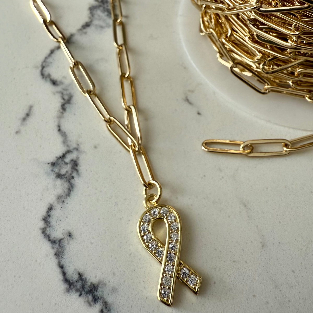 Legacy Necklace with Gold Paperclip Chain &amp; CZ Awareness Charm