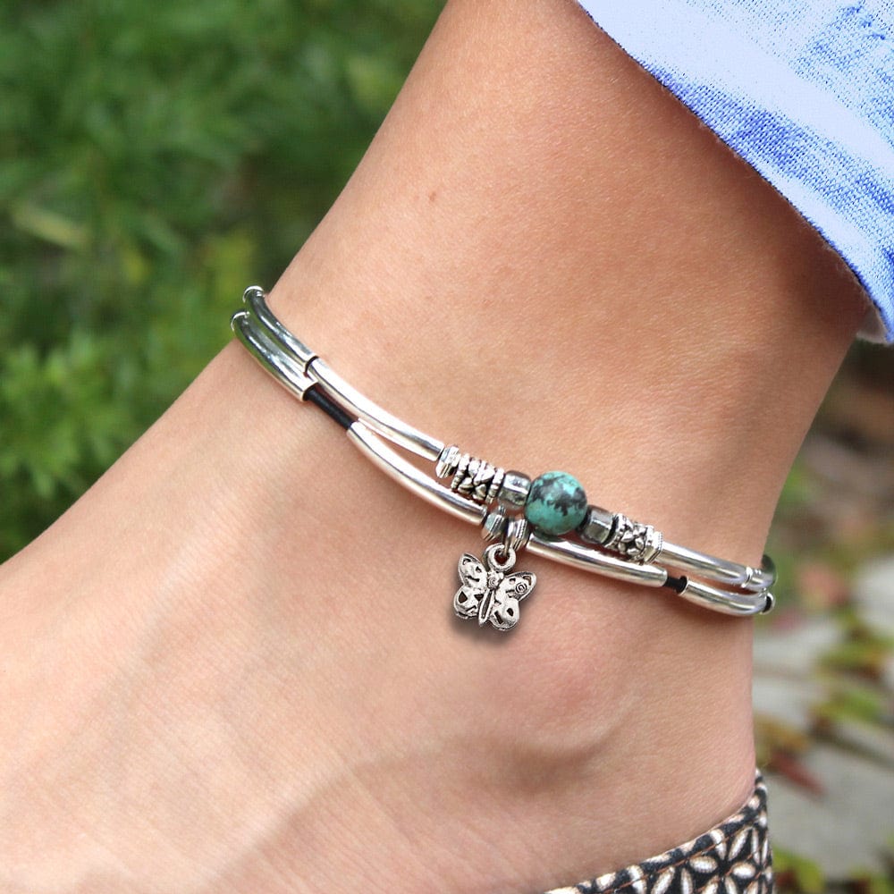 Lido silver anklet with turquoise and silver petite butterfly charm