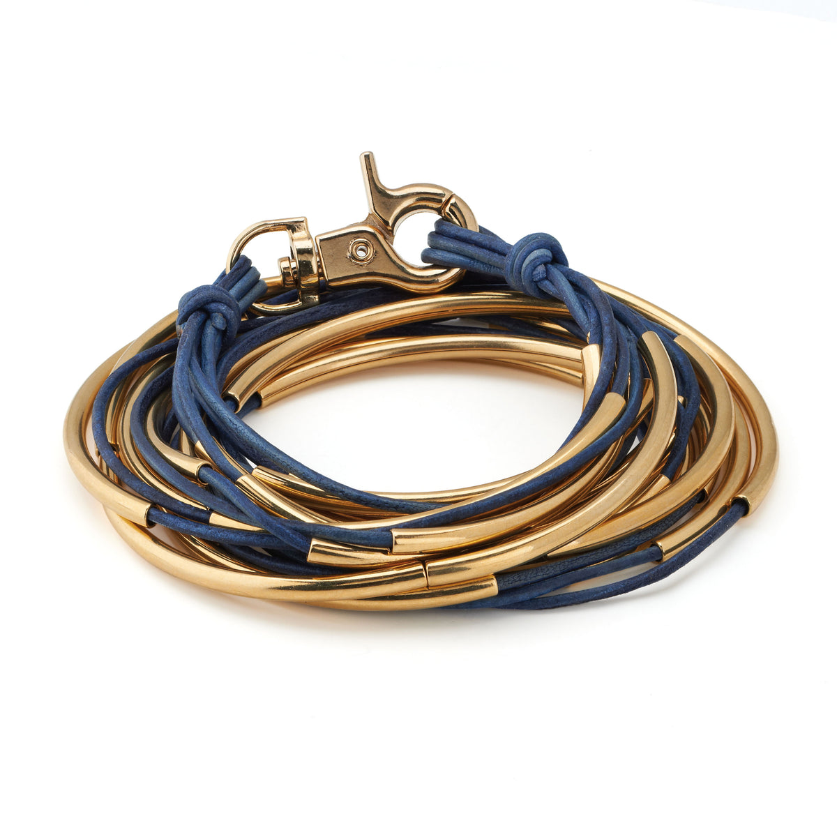 Lizzy James Classic Convertible Wrap Bracelet – True Blue Leather with Gold Plated Crescents