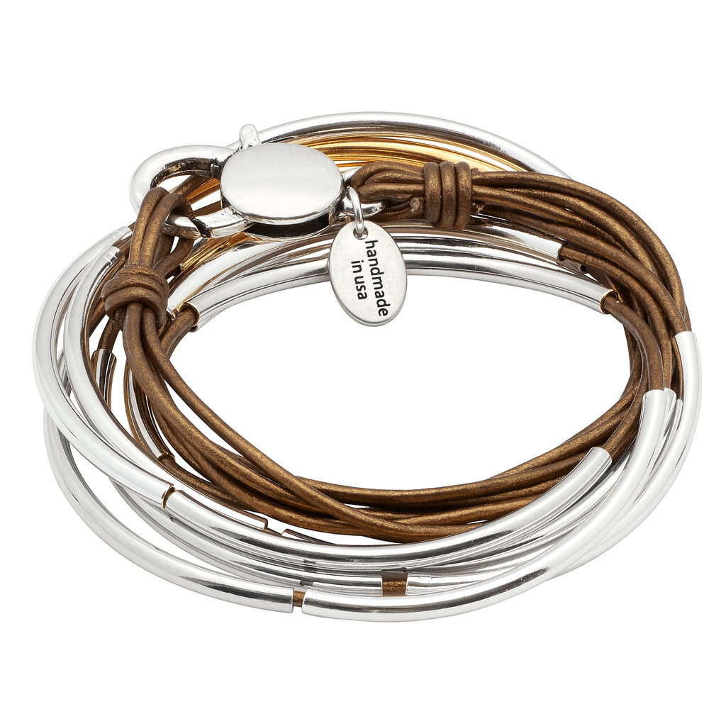 Handcrafted metallic bronze leather wrap bracelet with all-silver crescents and clasp, artisan-made in the USA by Lizzy James. Versatile design can be worn as a wrap bracelet or necklace.