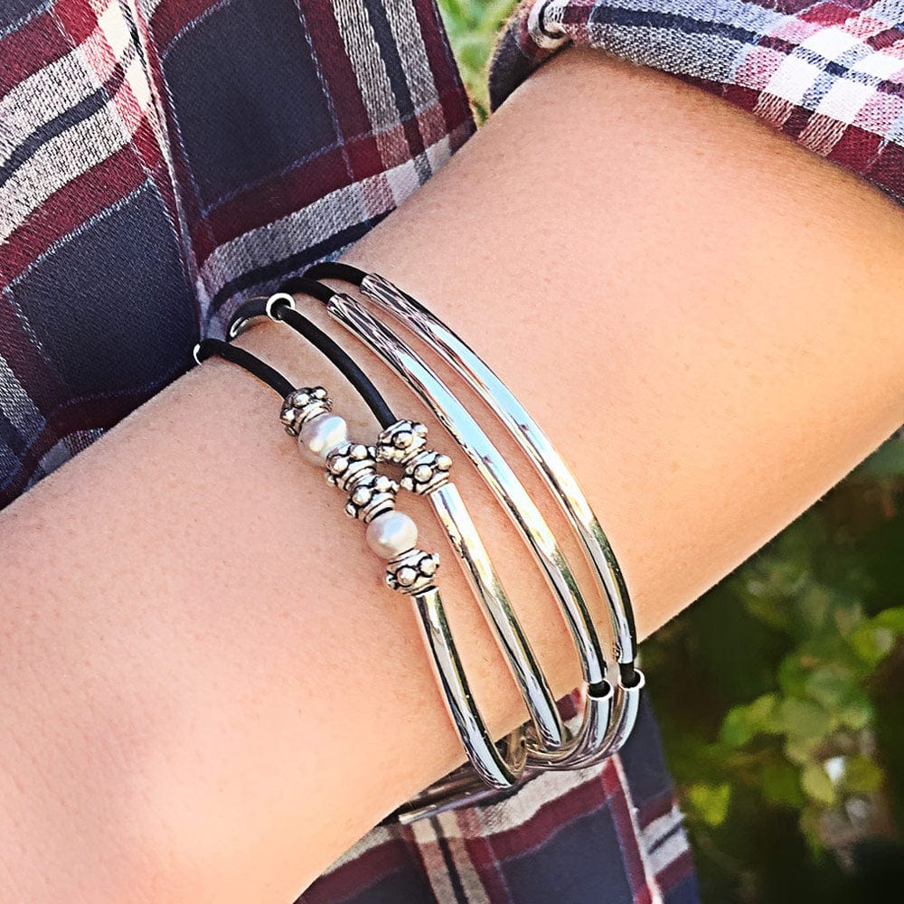Lizzy James Charming Black Leather Wrap Bracelet with Pearls and Silver
